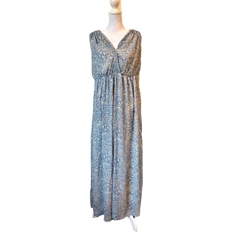 H&M Blue Paisley Lined Roman Goddess Pleated Halter Maxi Dress Gown Size 8